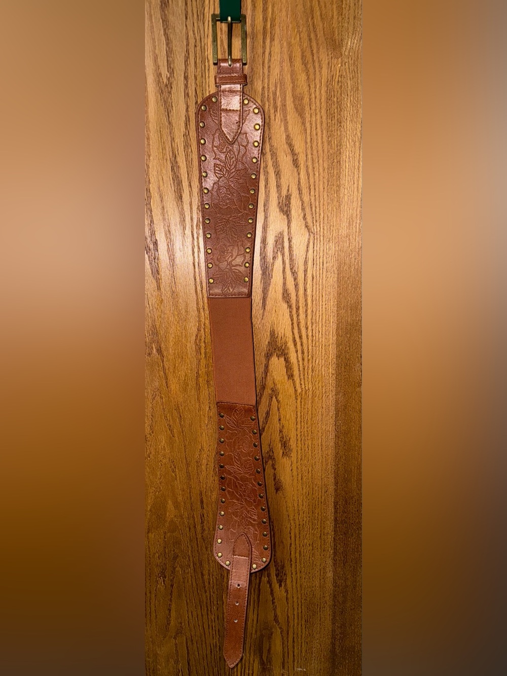 Brown Studded Tooled Leather Belt Strap